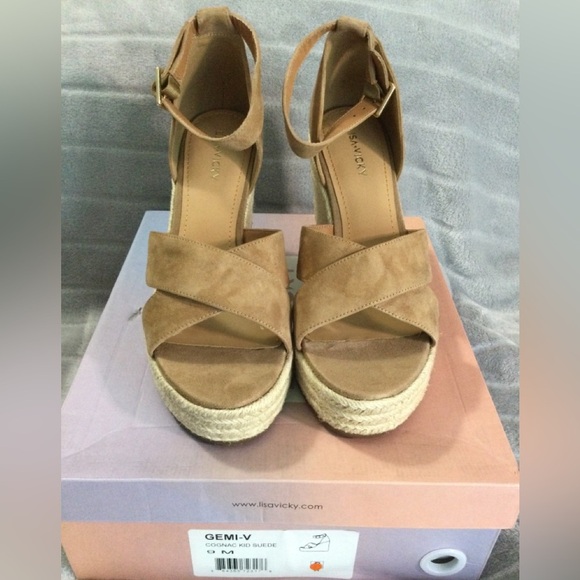 Lisa Vicky Gemi Cognac Kid Suede Platform Espadrille Wedges Size 9M - Picture 3 of 12